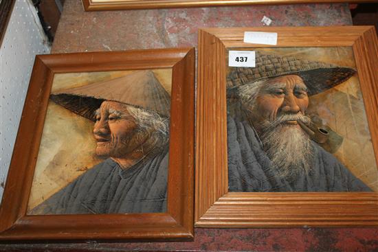 Pair of Chinese portraits on tobacco leaves
